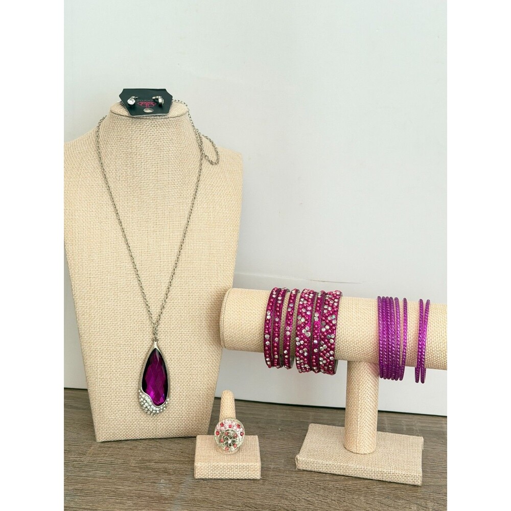 Jewelry Set Purple Rhinestone Teardrop Necklace Earrings Ring Bracelets